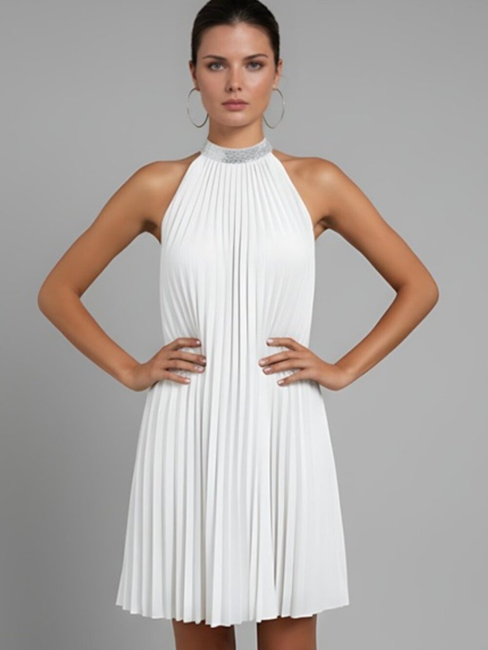 White Sequin Pleated Detail Halter Neck Dress